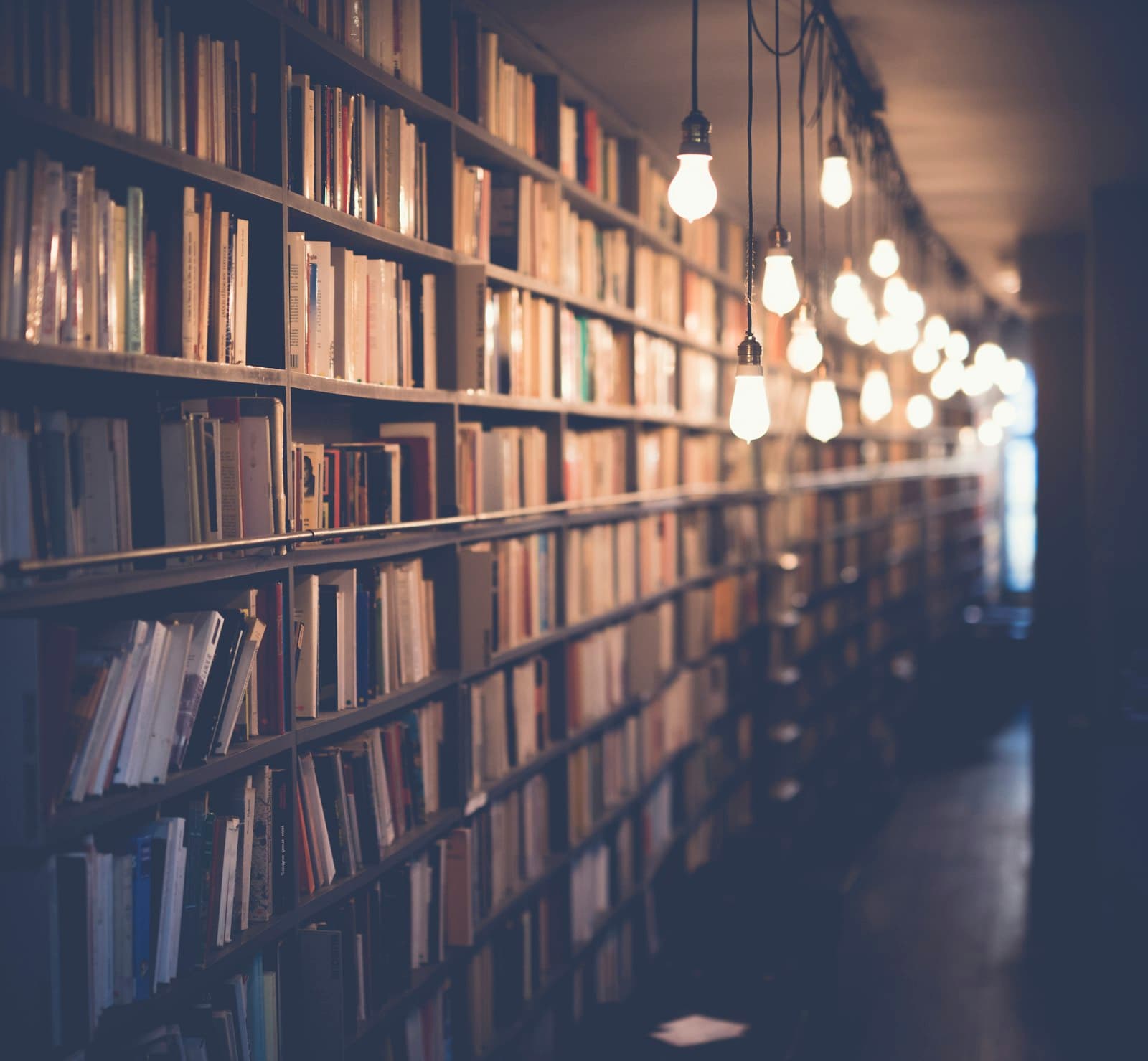 Library shelves lit by rows of hanging bulbs